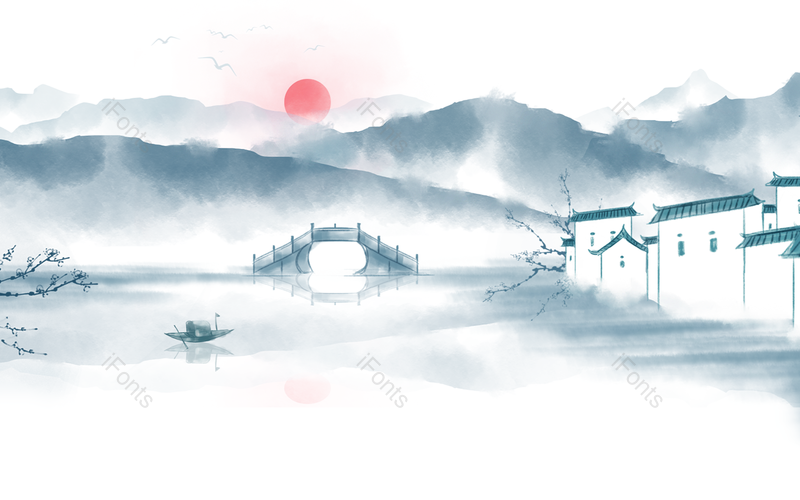 国潮中国风山脉传统古镇装饰背景,插画/手绘图,插画/手绘图库,插画/手绘图下载,插画/手绘